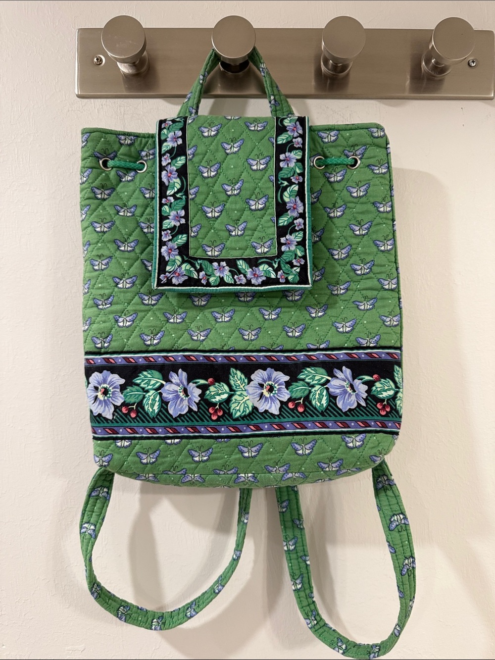 Vintage Vera Bradley Green Butterfly Floral Quilted Backpack Drawstring Y2K